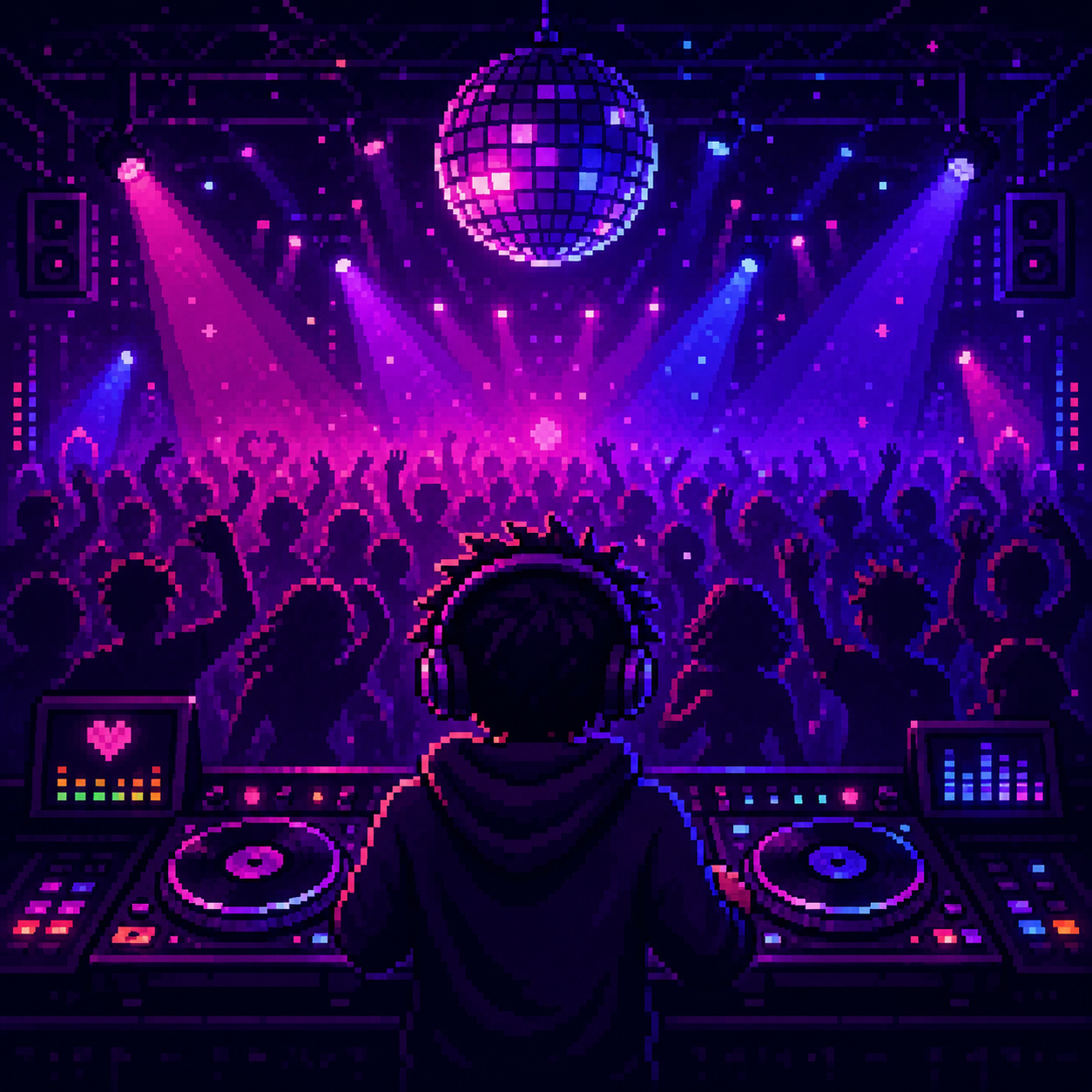 Pixel-art DJ behind the booth with crowd, disco ball, and stage lights